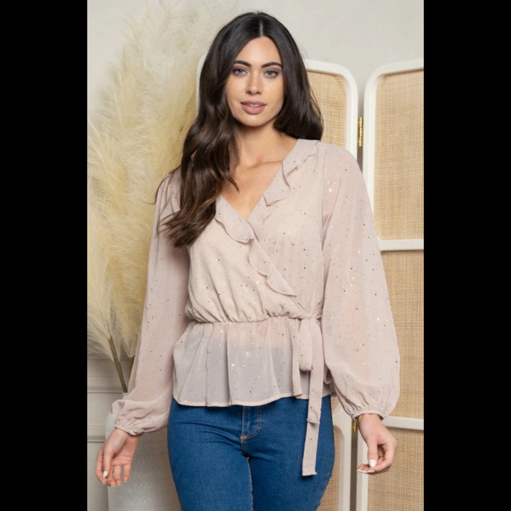 Sexy Nude glitter chiffon ruffle v-neck smock babydoll surplice wrap waist top